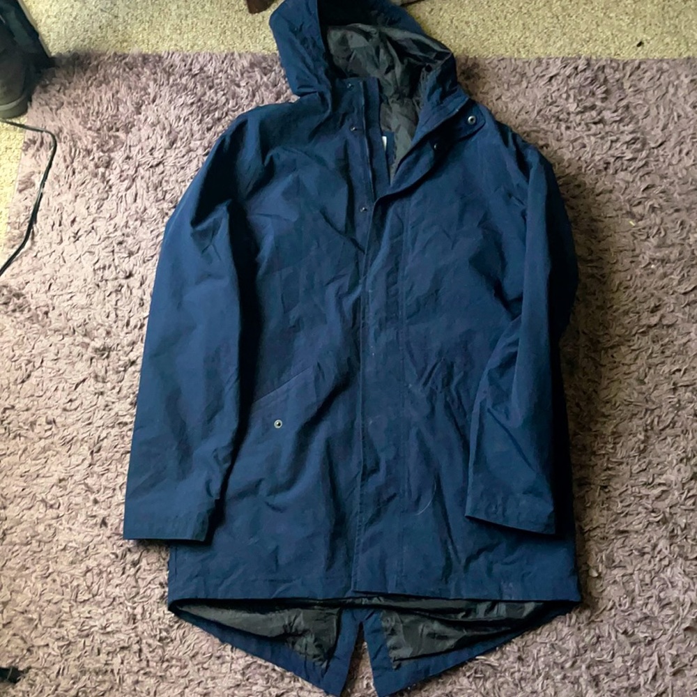 Long hooded rain jacket